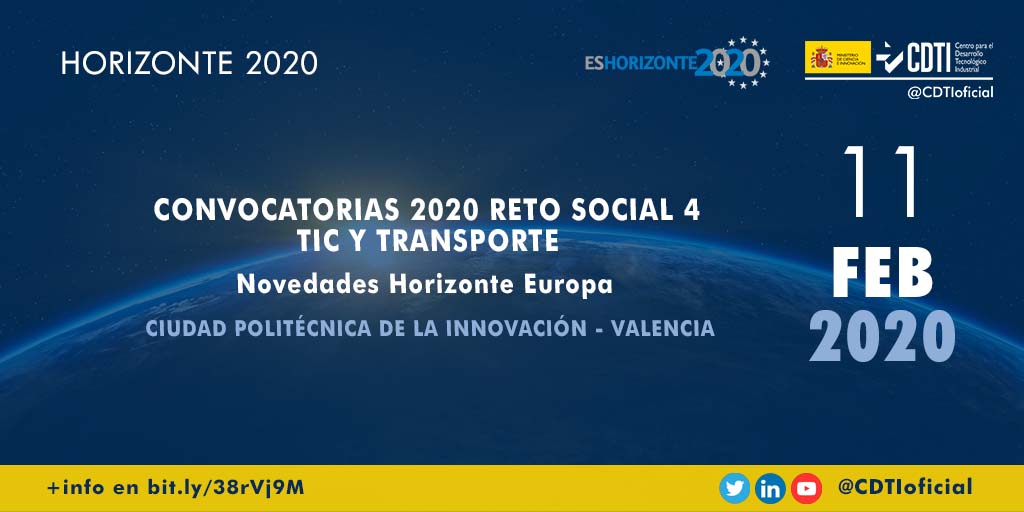 HORIZONTE 2020 | @CDTIoficial presenta en #Valencia las convocatorias para 2020 del Reto Social 4 en los ámbitos de las tecnologías TIC y Transporte