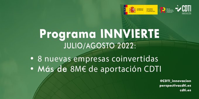 El CDTI Innovación destina en julio y agosto más de 8 millones de euros a ocho nuevas coinversiones en capital riesgo a través de Innvierte