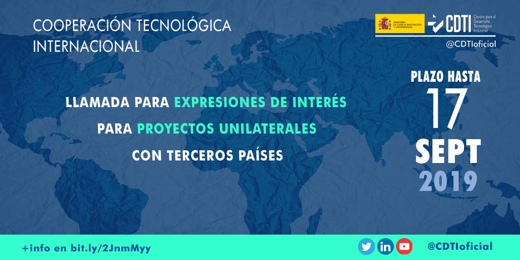 COOPERACIÓN TECNOLÓGICA INTERNACIONAL | Abierto el plazo para solicitar ayudas públicas para Proyectos Unilaterales con Terceros Países hasta el 17 de septiembre