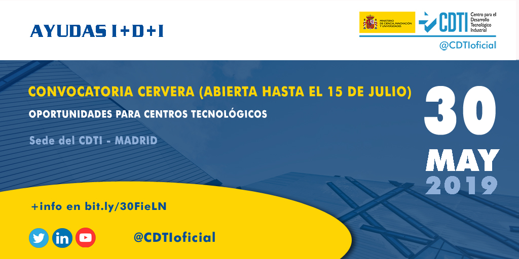 AYUDAS I+D+I | @CDTIoficial presenta la convocatoria del #ProgramaCervera para Centros Tecnológicos en #Madrid