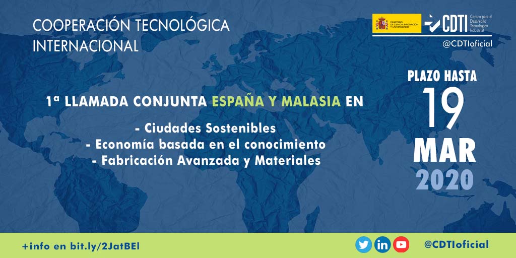 COOPERACIÓN TECNOLÓGICA INTERNACIONAL | Abierta la 1ª Llamada conjunta entre España y Malasia para proyectos de colaboración en las área de Ciudades Sostenibles, Knowledge Economy y Fabricación Avanzada