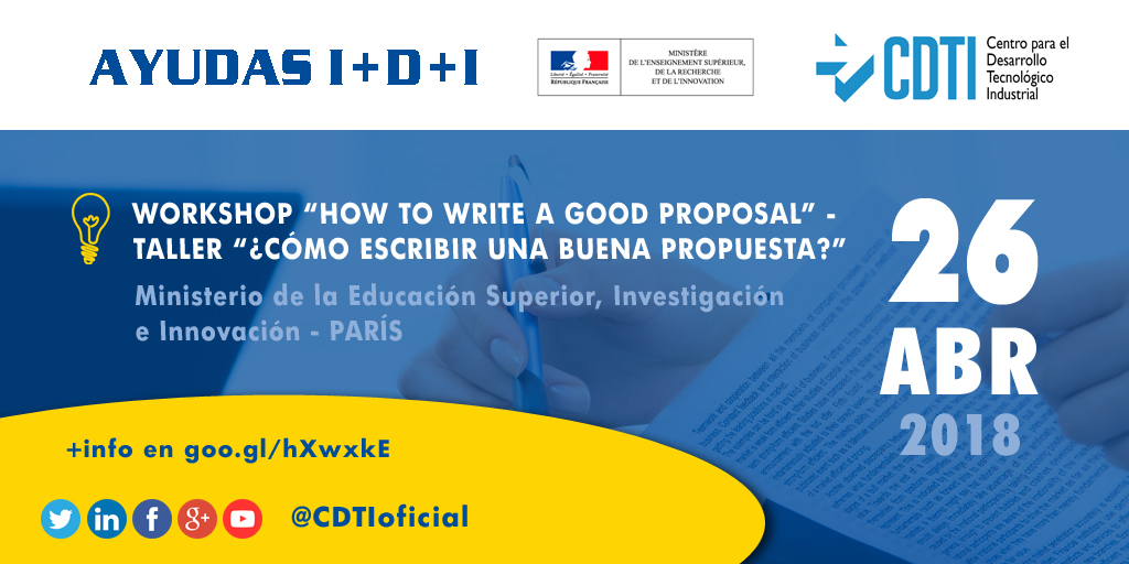 AYUDAS I+D+I | @CDTIoficial colabora en el taller ¿Cómo escribir una buena propuesta?