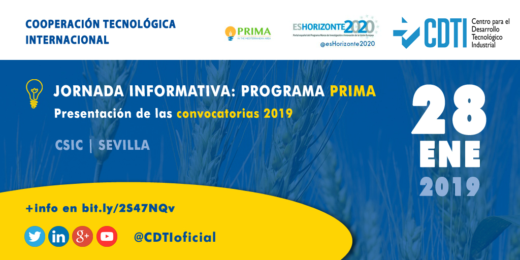 COOPERACIÓN TECNOLÓGICA INTERNACIONAL | @CDTIoficial presentará las convocatorias abiertas de la Iniciativa PRIMA en #Sevilla