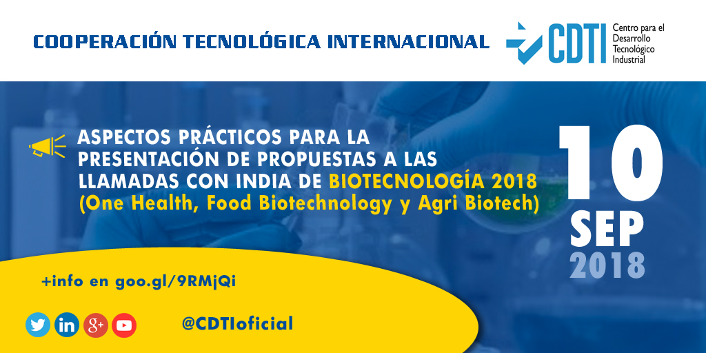 COOPERACIÓN TECNOLÓGICA INTERNACIONAL | CONECTA CDTI - INDIA sobre Presentación de Propuestas a las llamadas de Biotecnología 2018