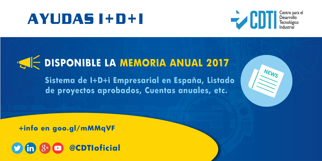 AYUDAS I+D+I | Disponible la nueva Memoria 2017 de @CDTIoficial