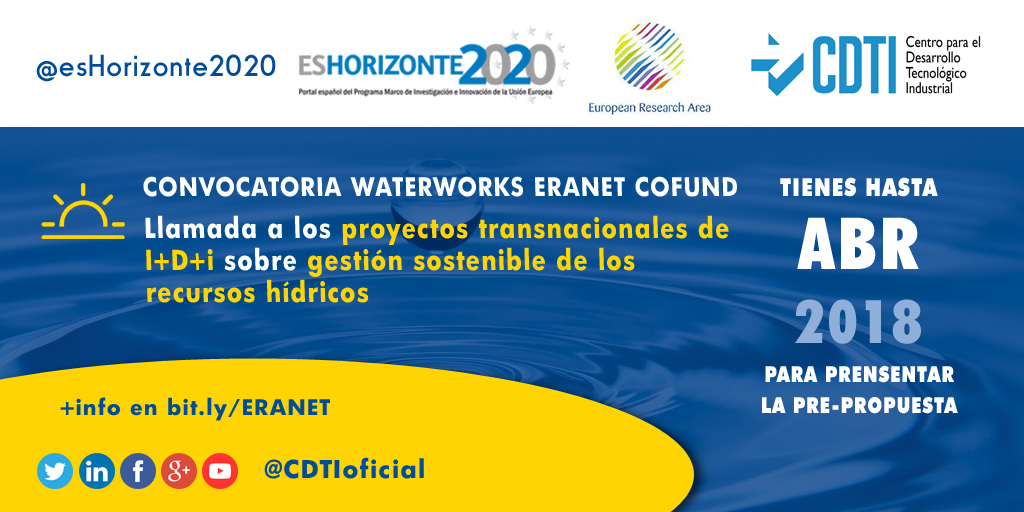 HORIZONTE 2020 | Apertura de la Convocatoria Transnacional Conjunta 2018 para Propuestas de I+D de la ERANET WaterWorks 2017