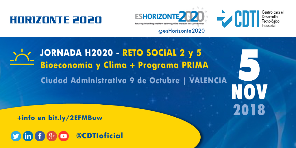 Horizonte 2020 | @CDTIoficial participa en la jornada Infoday #H2020 novedades Reto 2 , Reto 5 y PRIMA 2019 en #Valencia